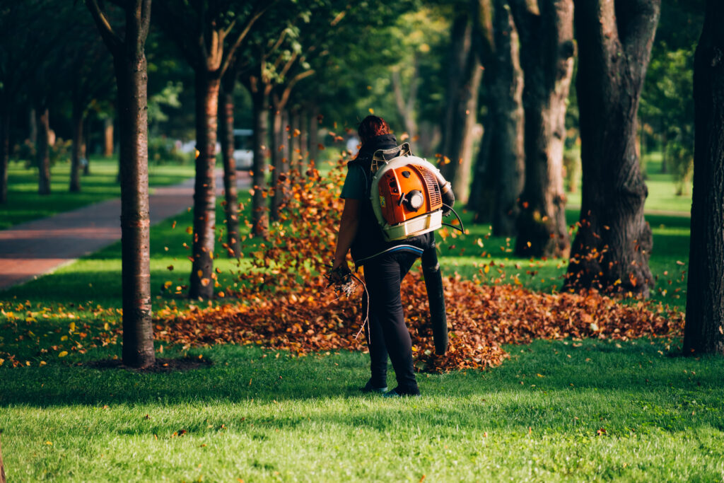 a woman operating a heavy duty leaf blower. a woman operating a heavy duty leaf blower.
